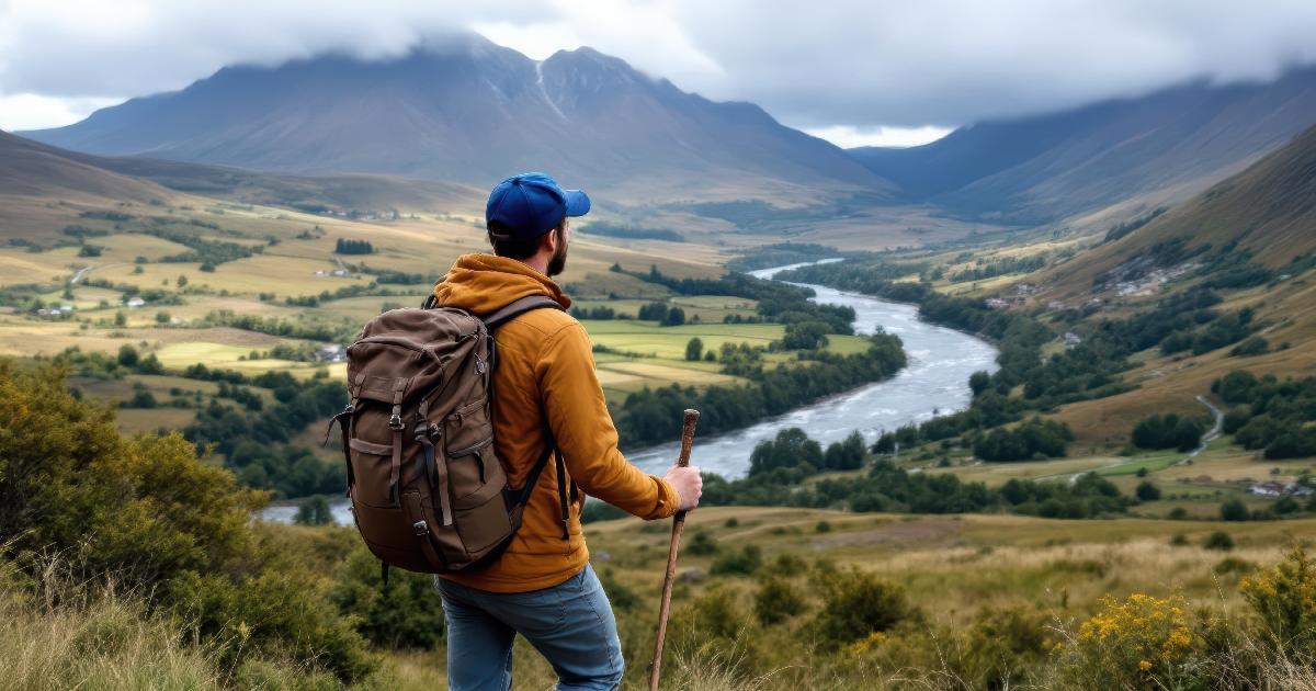 A man with travel backpack and stick enjoying the scenery